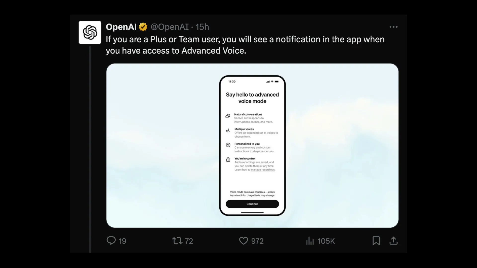 Notification of Advanced Voice access in the ChatGPT app