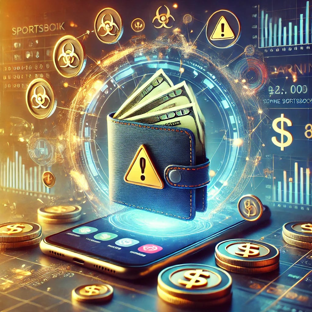 Digital wallet surrounded by warning symbols, coins, and dollar bills, with a virtual sports interface in the background, representing financial caution in online sportsbook platforms on Winmatch360.