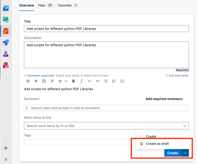 Option to Create a Draft PR in Azure DevOps