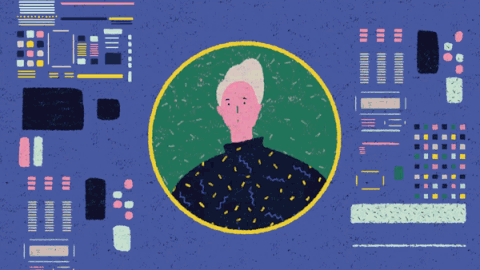 Ilustração animada de uma pessoa de cabelo claro num círculo verde, cercada de blocos de interface em fundo azul