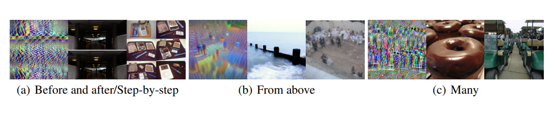 Left: Feature optimization shows sharp boundaries, and maximally activating ImageNet examples contain distinct, adjacent images. Middle: Feature optimization and maximally activating ImageNet photos all show images from an elevated vantage point. Right: Feature optimization shows a crowd of people, but maximally activating images indicate that the repetition of objects is more relevant than the type of object.