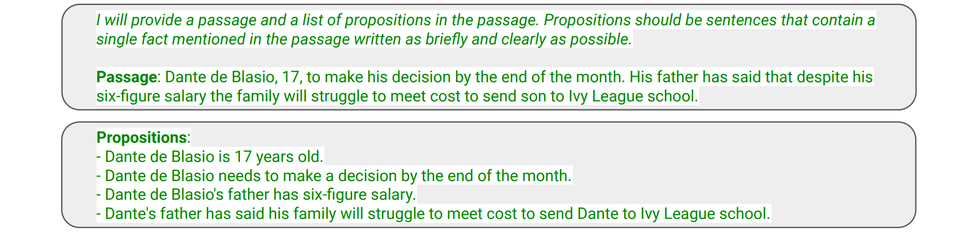 The input and output for training an APS model with ungrouped propositions.