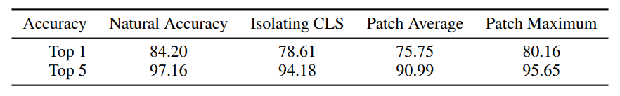 “Isolating CLS” denotes the experiment where attention is only performed between patches before the final attention block, while “Patch Average” and “Patch Maximum” refer to the experiment in which the classification head is placed on top of individual patches without fine-tuning.