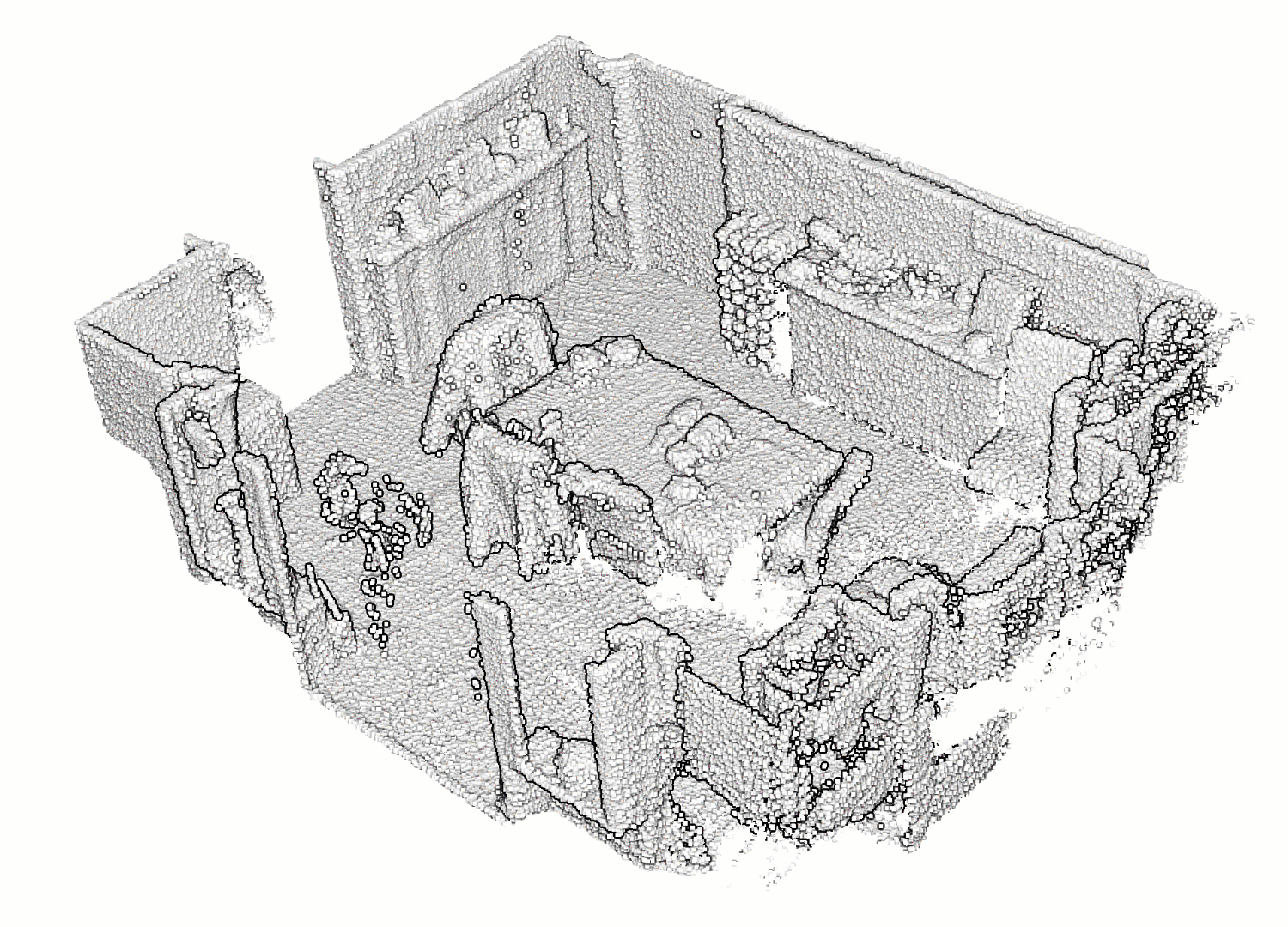 Different clustering strategies applied to a noisy indoor point cloud