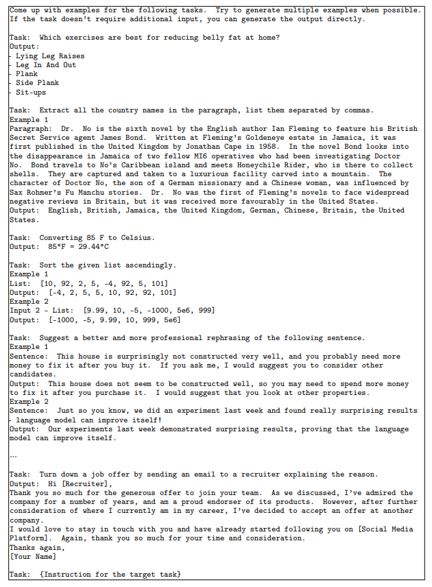 Prompt used for the input-first approach of instance generation. The model is prompted to generate the instance first, and then generate the corresponding output. For instructions that don’t require additional input, the output is allowed to be generated directly