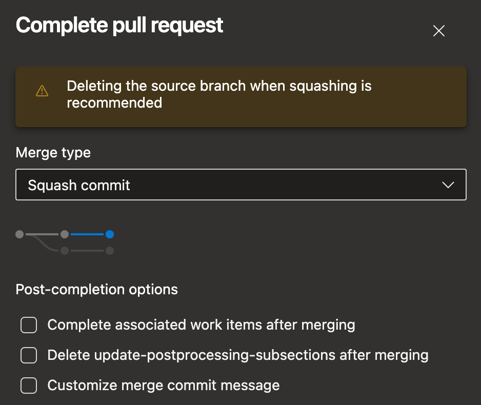 Azure Repos recommends to delete the source branch when merging a PR