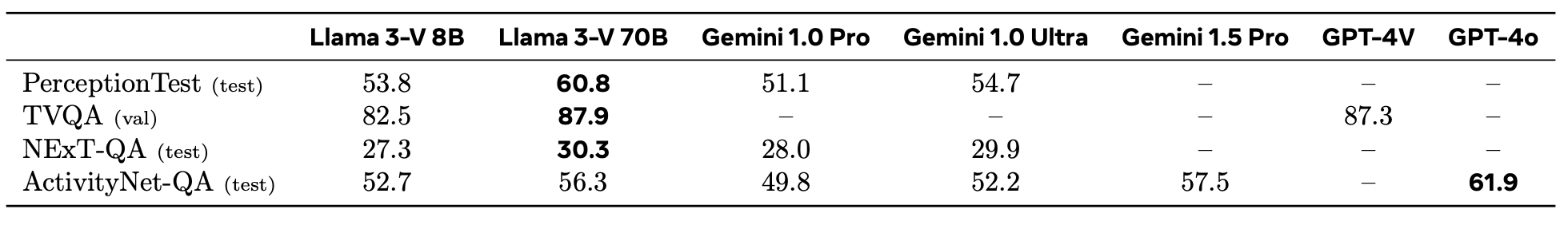 Video understanding performance of the vision module attached to Llama 3.