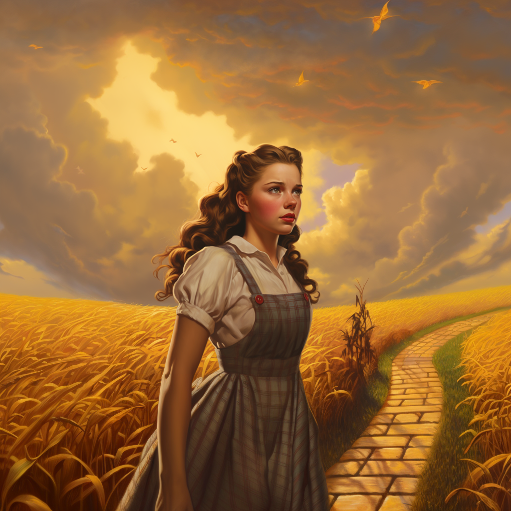 Dorothy stands on the yellow brick road in the land of oz