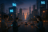 Futuristic city with 5G antennas and connected smart devices illustrating 5G networks reshaping urban connectivity.