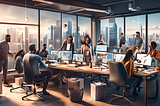 An illustrative digital workspace showing a group of diverse professionals collaborating around a large, cluttered desk filled with computers, notebooks, and SEO tools, brainstorming content ideas for a B2B SEO blog writing service, in a modern office environment with large windows showing a cityscape in the background.