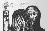 Monochrome expressionist painting showing two grief‑stricken figures, one covering their face while another stands behind with hollow eyes, beside a smoking tower marked with a cross. Stark black brushwork evokes despair, mourning, and witness — the art of sorrow without consolation.