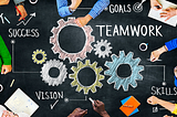 A graphic with cog wheels, people’s hands, and the words goals, success, teamwork, vision, and skills