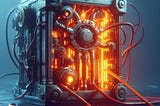 a glowing mechanical box with a few thick wires loosely plugged into it, industrial cyberpunk