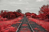Stardust, a mythical land completely doused in red. The Lunatic view is of a railroad track with red trees and grass surrounding it.