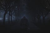 Dark figure heading down a dark lane lined with trees and carrying an unlit lantern