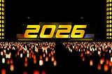 Spectacular New Year 2026 celebration stage with stunning 3D golden text display. Massive concert arena featuring dramatic blue laser beams, illuminated yellow light pillars, and thousands of colorful bokeh lights from the enthusiastic crowd. This futuristic stage production showcases cutting-edge lighting design and immersive atmosphere, perfect for celebrating the arrival of 2026 in grand style.