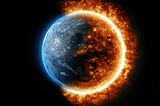 A dramatic digital illustration of Earth engulfed in flames on one side, symbolizing environmental destruction, with a dark space background and scattered stars.