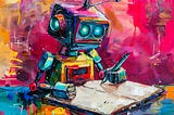 A colourful illustration of a robot writing in a blank notebook.