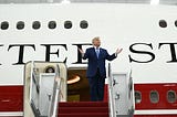 President Donald Trump steps out of the VC-25B Bridge, a modified Boeing 747–800, which will now serve as Air Force One, on Friday, June 19, 2026.