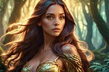 A beautiful woman with long brown hair in a magical forest.