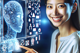 A woman with black hair and a bright smile sits at a sleek, futuristic computer system. The screen displays a collage of abstract symbols and objects, representing AI-generated content. The woman's posture exudes efficiency and creativity as she interacts with the system.