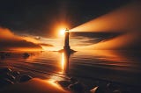 A serene beach landscape at sunset with the golden-orange hues of the setting sun reflecting on calm waters. A solitary lighthouse stands in the foreground, silhouetted against the twilight, its beam of light shining brightly. In the distance, a thick fog rolls in from the sea, symbolizing challenges and uncertainty, while the lighthouse represents guidance and hope amidst adversity. Artwork produced by Mark Havens.