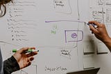 Two people sketching ideas on a whiteboard