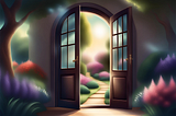 Illustration of an open door in a flower garden