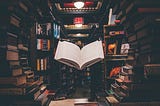 Between the shelves of a bookstore