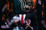 Businessman with a Starbucks bag for a head selling an Earth in a plastic bag for colorful cash.