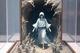 figure emerging from a display case