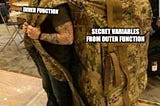 a meme about closure — a large man labeled “inner function” carrying a massive backpack labeled “secret variables from outer function”