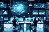 A futuristic command center with multiple screens displaying dynamic digital marketing analytics, diverse professionals discussing strategies, with holographic projections of social media stats and trends in a sleek, modern office.