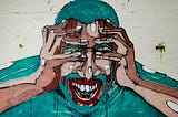 A painting where a person holding his head and screaming in pain.