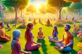 A vibrant, colourful 3D illustration of a family meditating in a lively park with blooming flowers, tall trees, playful animals, and sunlight filtering through the branches.