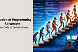 Infographic illustrating the evolution of programming languages from early assembly languages to modern high-level languages like Python and Java. The image also highlights the importance of code in driving technological innovation, efficiency, and problem-solving.