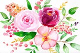 A bouquet of pink flowers and green leaves in watercolor