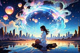 “A lone dreamer sits eyes closed conjuring a glowing orb that transforms into streams of light shaping the outline of a future city, representing imagination manifesting reality. Abstract sparks and celestial shapes fill the expansive, mystical scene. The person radiates an aura of potential and belief.”