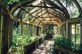 Walkway into abandoned conservatory that is overgrown with plants and greenery