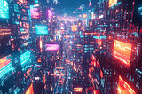 A retro-futuristic scene showcasing web 3.0 as a bustling marketplace filled with neon-lit vendors selling digital currencies and NFTs, set against a backdrop of a starry night.