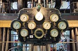 An elaborate old instrument panel with 9 circular dials and a counter, all with brass surrounds on a black cast iron plaque. Behind a complex network of pipes and machinery