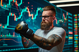 I beat 98.4% of Wall Street Investment last year. A man with beard, tattoo and glasses fighting with gloves in wall street. (AI image created on MidJourney V6 by Henrique Centieiro and Bee Lee)