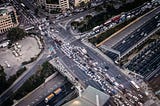 A long traffic jam at two intersections