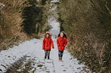 Young children walking in the snow