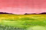 A gouache painting of a dreamy landscape with a pink sky, green fields, and mountains in the distance