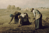 Oil painting of three peasant women gleaning a field of stray stalks of wheat after the harvest.