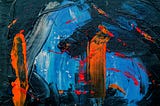 An abstract painting with broad strokes of dark blue, light blue and orange paint on a canvas