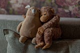two stuffed animals with their arms around each other
