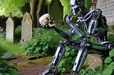 A robot in a churchyard contemplates a skull.