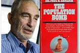 headshot of author Paul Ehrlich side by side with close up of his best selling book The Population Bomb